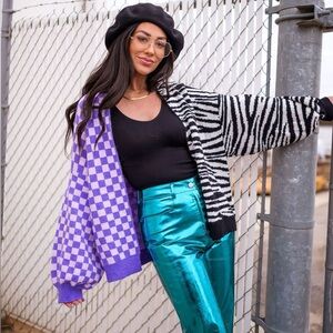 Dressed in LALA Future Self Half & Half Cardigan in Purple Check & Zebra size L